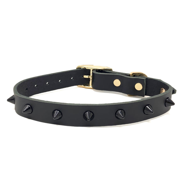 Smooth Spike Leather Dog Collar Black Noir