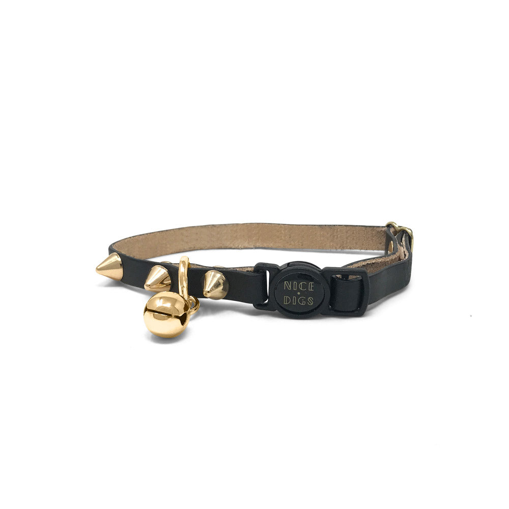 Spike Leather Cat Collar - Gold Noir