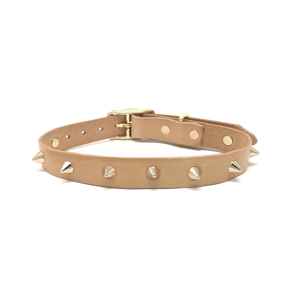 Smooth Spike Leather Collar - Gold Tan