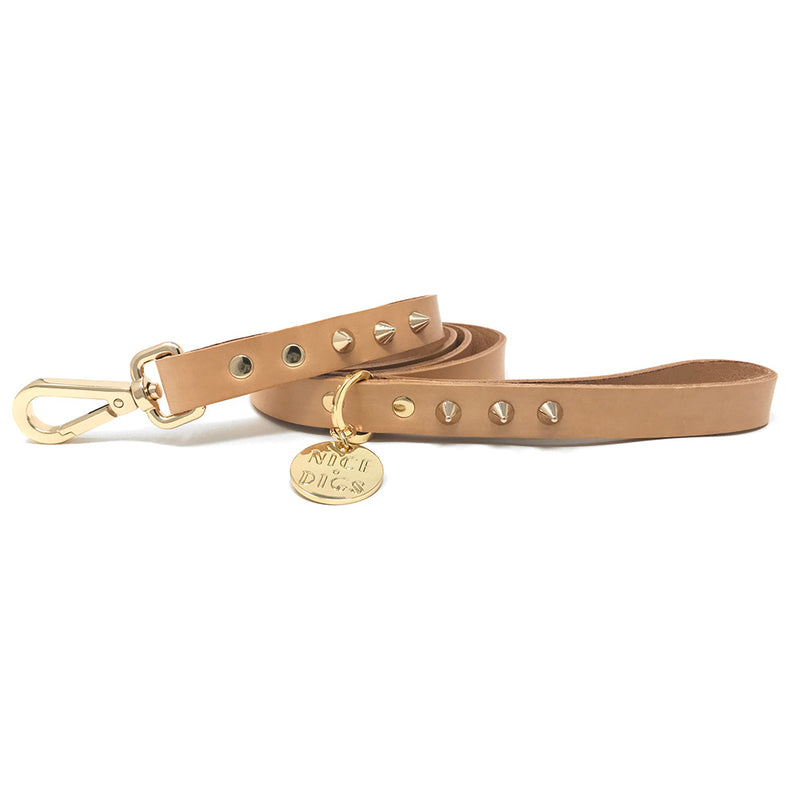Smooth Spike Leather Dog Leash - Gold Tan