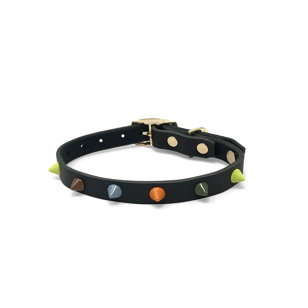 Smooth Spike Leather Dog Collar - Dune Noir - XL size left