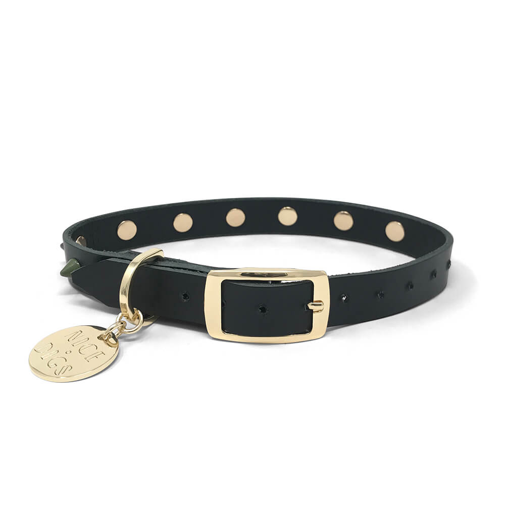 Smooth Spike Leather Dog Collar - Forest Noir