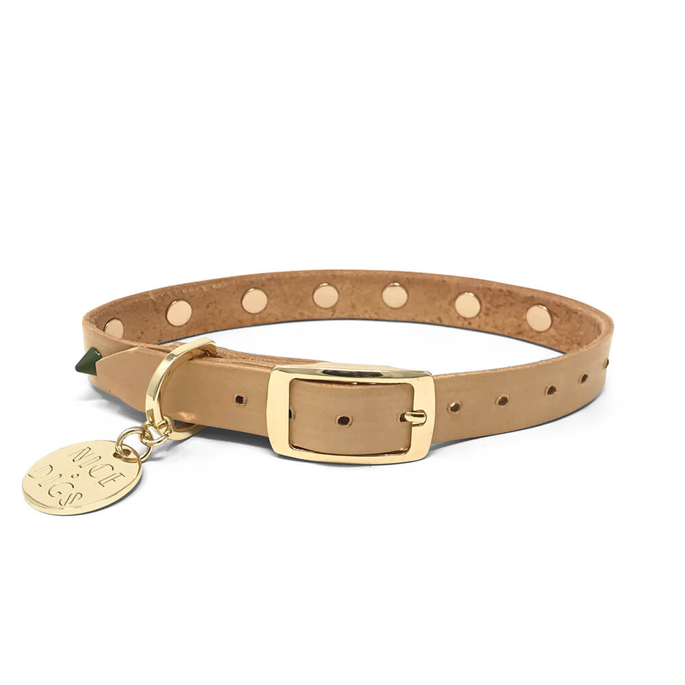 Smooth Spike Leather Dog Collar - Forest Tan