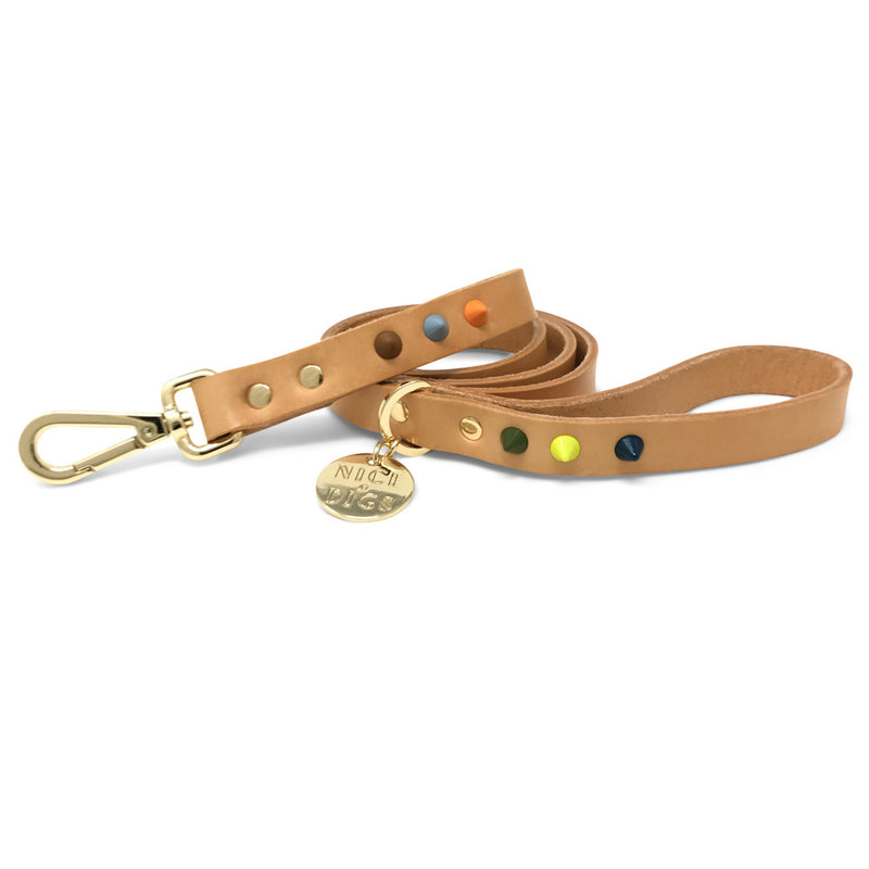 Smooth Spike Leather Dog Leash - Dune Tan